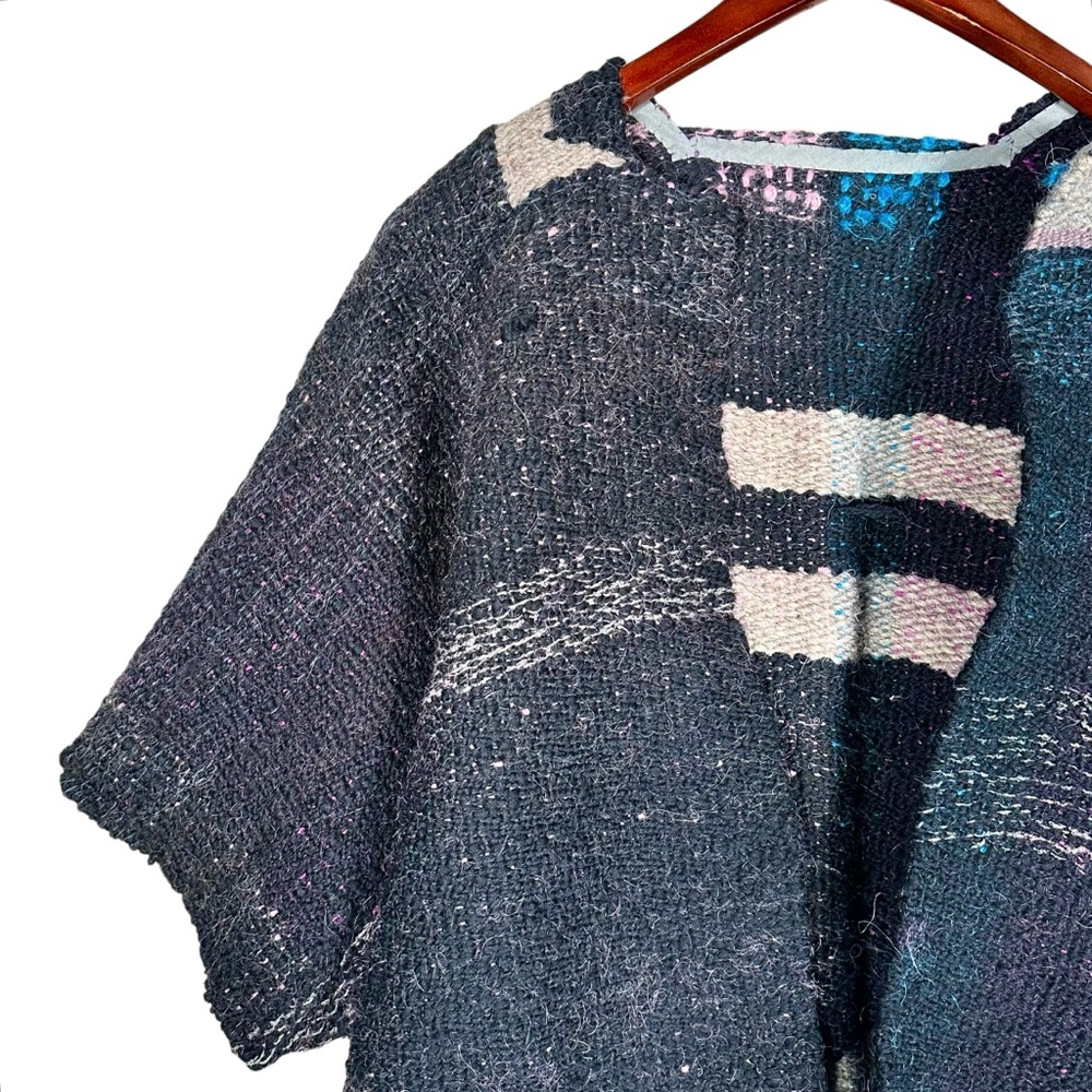 VINTAGE Boxy Open Front Woven Wool Saori Kimono Woven Poncho - Picture 5 of 10